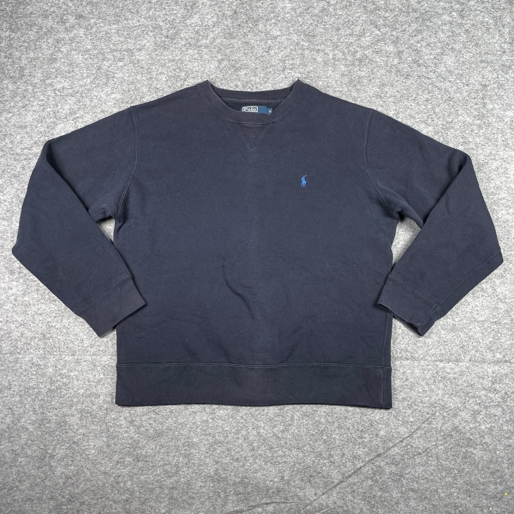 VTG Polo Ralph Lauren Sweatshirt Mens M Navy Blue V-Notch Fleece Pullover 90s